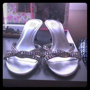 Cute silver and sparkly slip on kitten heels